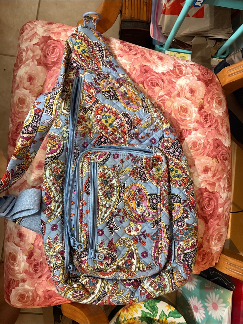Vera Bradley Light Blue Paisley Quilted Sling Backpack